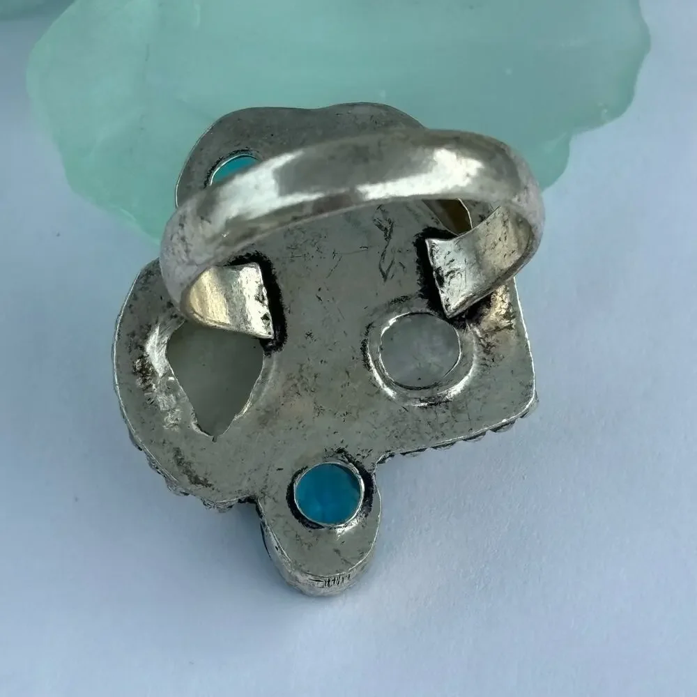 925 Sterling Rainbow Moonstone, Blue Topaz & Biwa Pearl Size 8.5